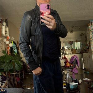 Drykorn Black Calf Leather Jacket with Quilted Shoulders